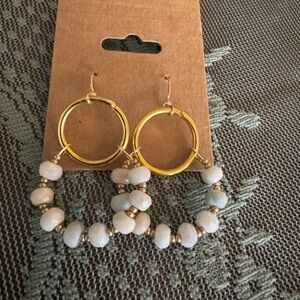 Handmade Elegant Gold and White Beaded Hoop Earrings